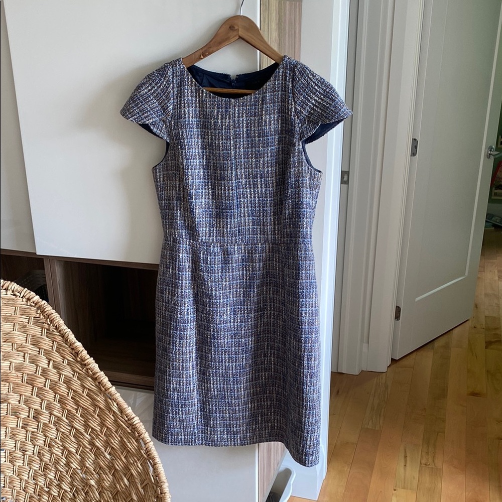 J. Crew Blue and White Flutter Sleeve Sheath Dress tweed sz 10